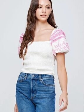 Strut & Bolt Smocked Embroidered Puff Sleeve Crop Top